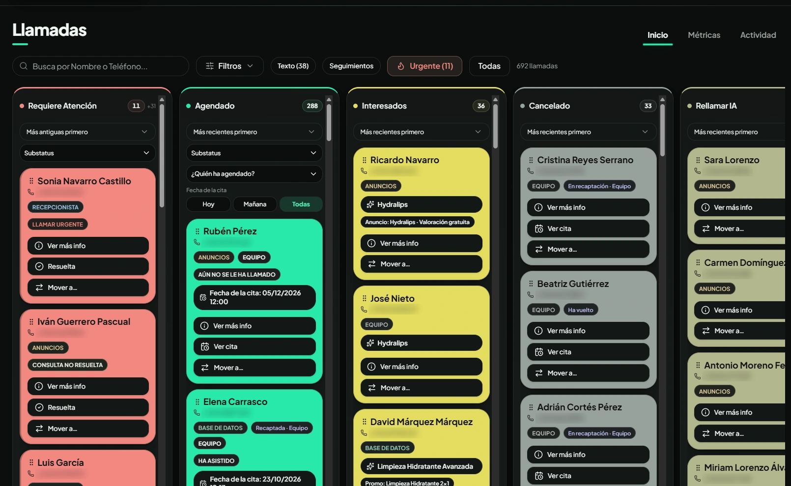 Tablero de llamadas del dashboard NEXIA